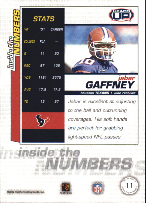 2002 Pacific Heads Up Inside the Numbers #11 Jabar Gaffney back image