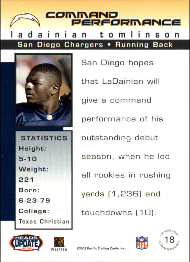2002 Pacific Heads Update Command Performance #18 LaDainian Tomlinson back image