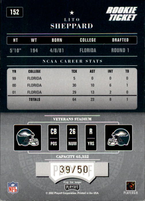 2002 Playoff Contenders Championship Ticket #152 Lito Sheppard back image