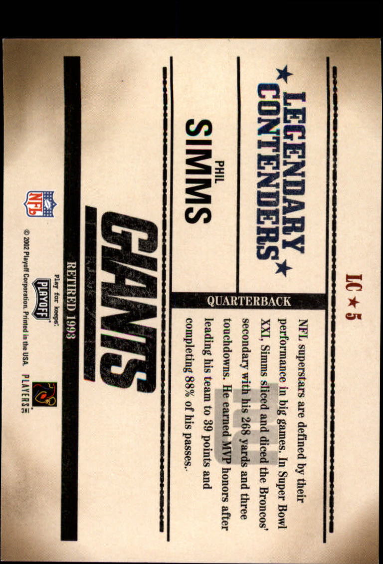 2002 Playoff Contenders Legendary Contenders #LC5 Phil Simms back image