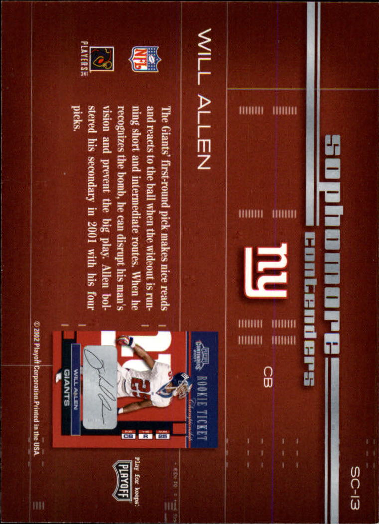 2002 Playoff Contenders Sophomore Contenders #SC13 Will Allen back image