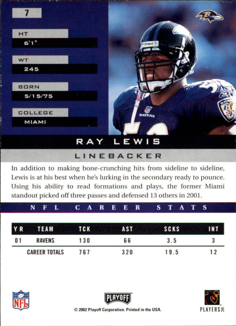 2002 Playoff Honors #7 Ray Lewis back image