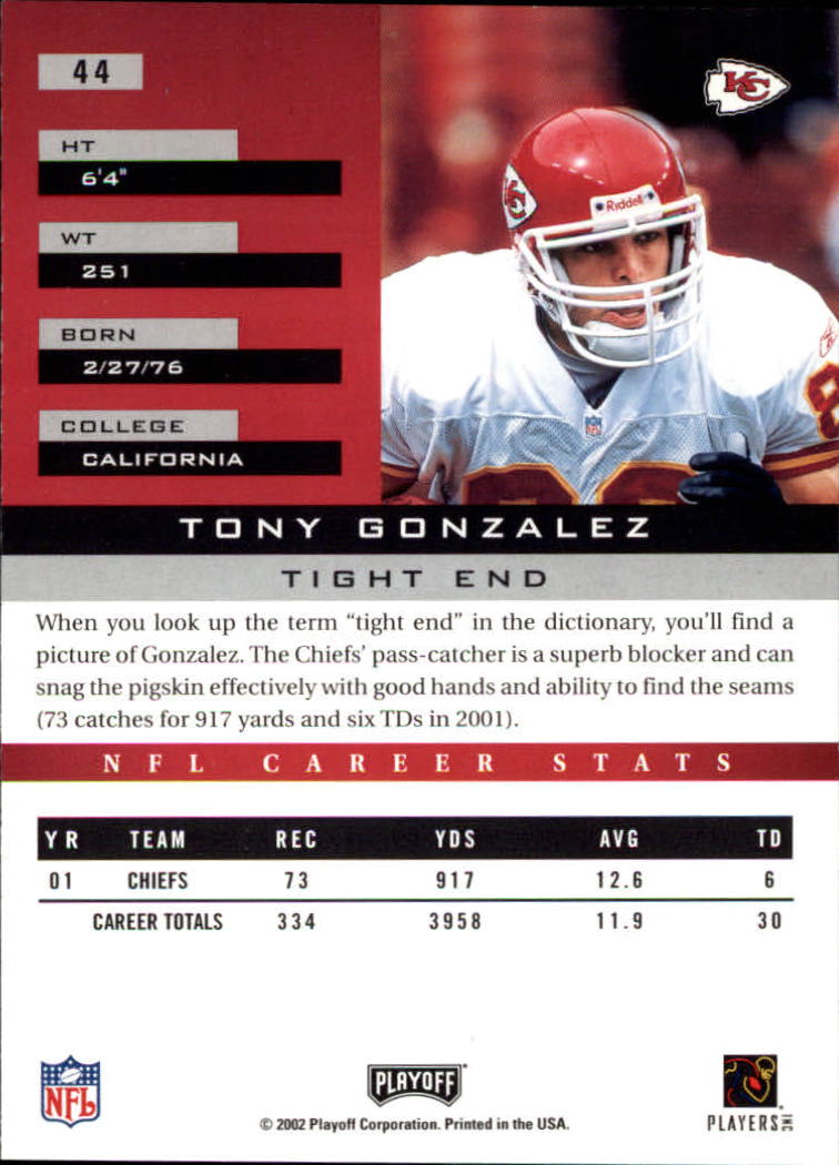 2002 Playoff Honors #44 Tony Gonzalez back image