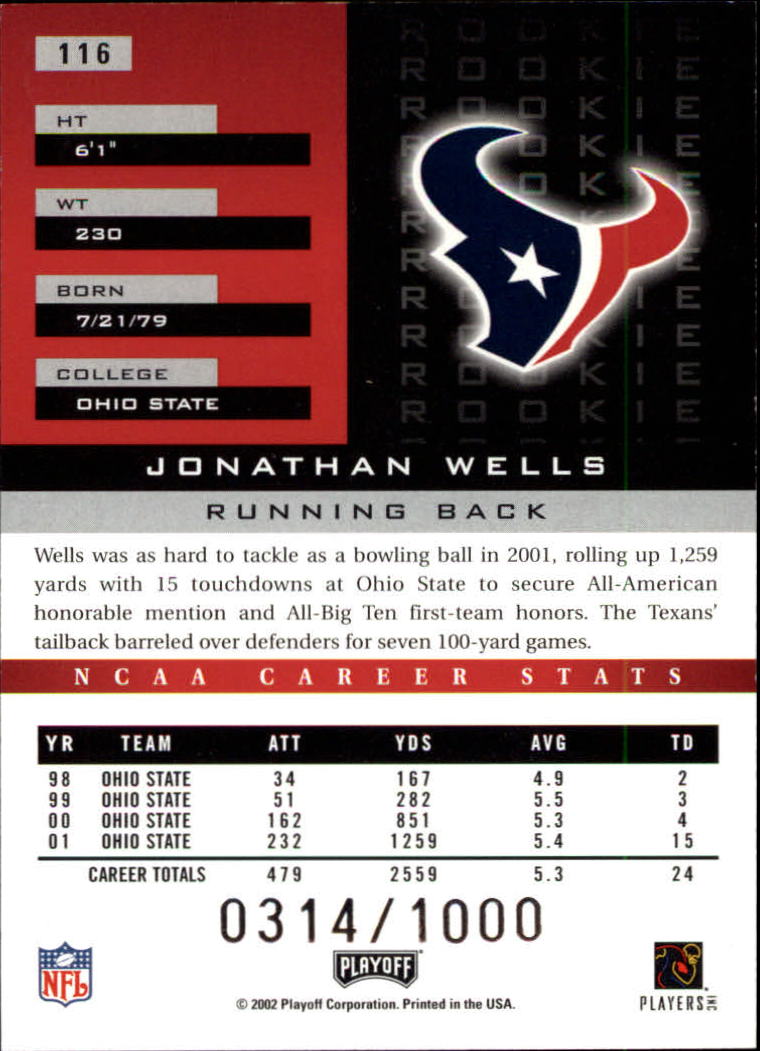 2002 Playoff Honors #116 Jonathan Wells RC back image