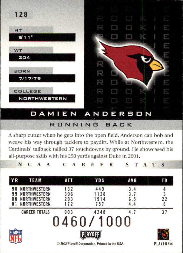 2002 Playoff Honors #128 Damien Anderson RC back image
