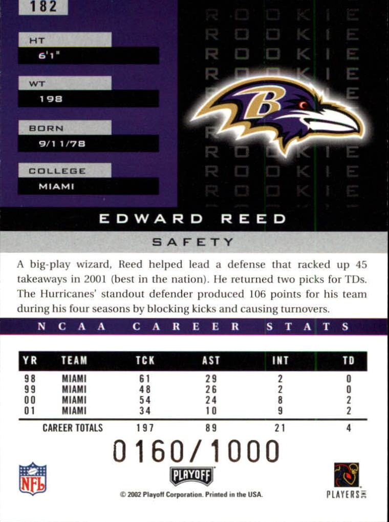2002 Playoff Honors #182 Ed Reed RC back image