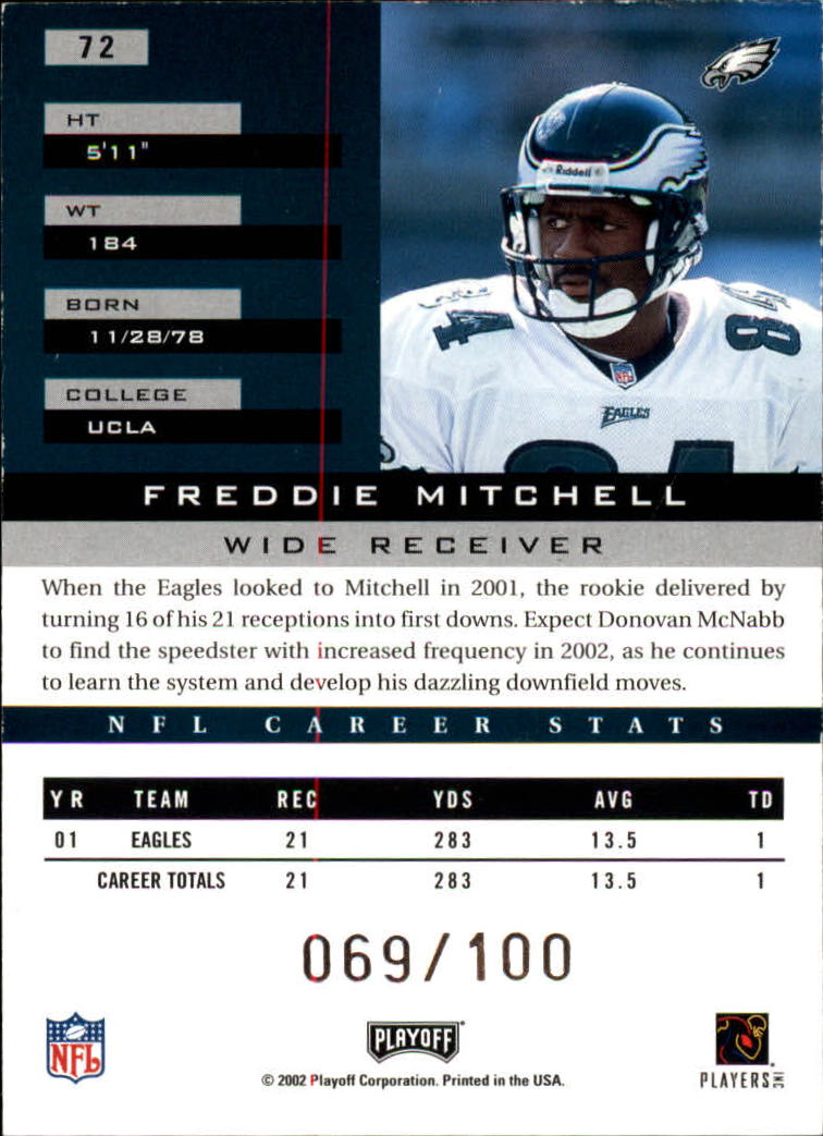 2002 Playoff Honors X's #72 Freddie Mitchell back image