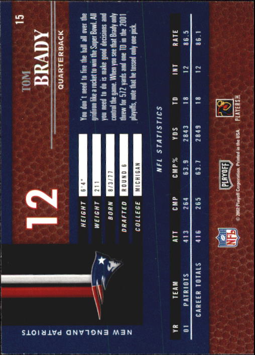 2002 Playoff Piece of the Game #15 Tom Brady back image