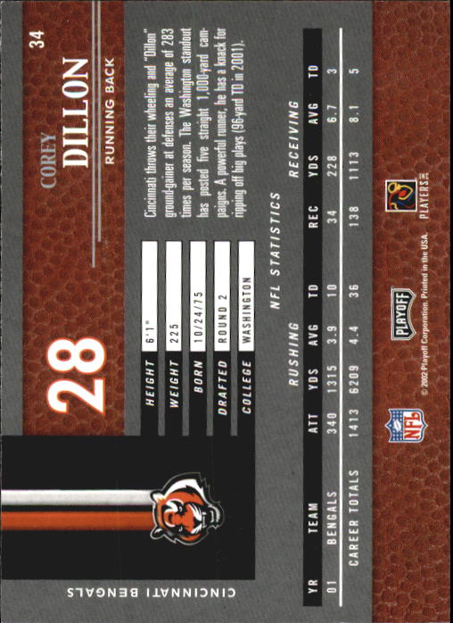 2002 Playoff Piece of the Game #34 Corey Dillon back image