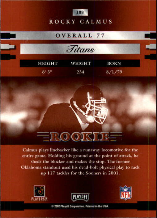 2002 Playoff Prestige #188 Rocky Calmus RC back image