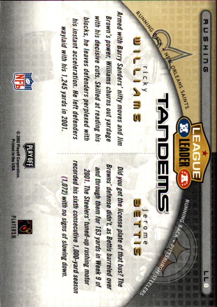 2002 Playoff Prestige League Leader Tandems #LL8 Jerome Bettis/Ricky Williams back image