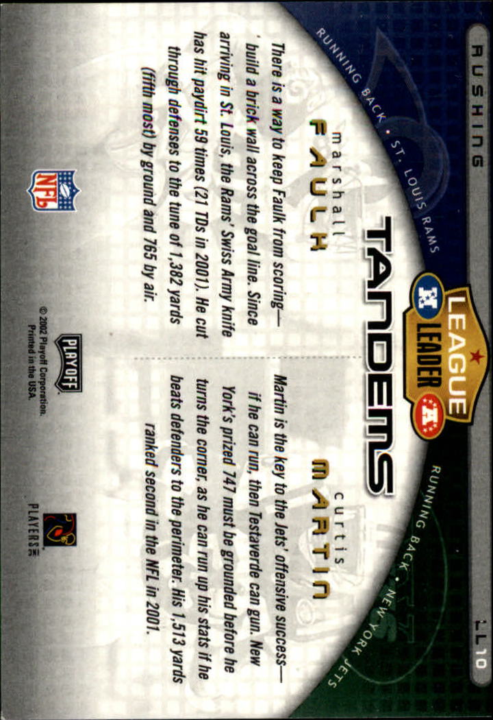 2002 Playoff Prestige League Leader Tandems #LL10 Curtis Martin/Marshall Faulk back image