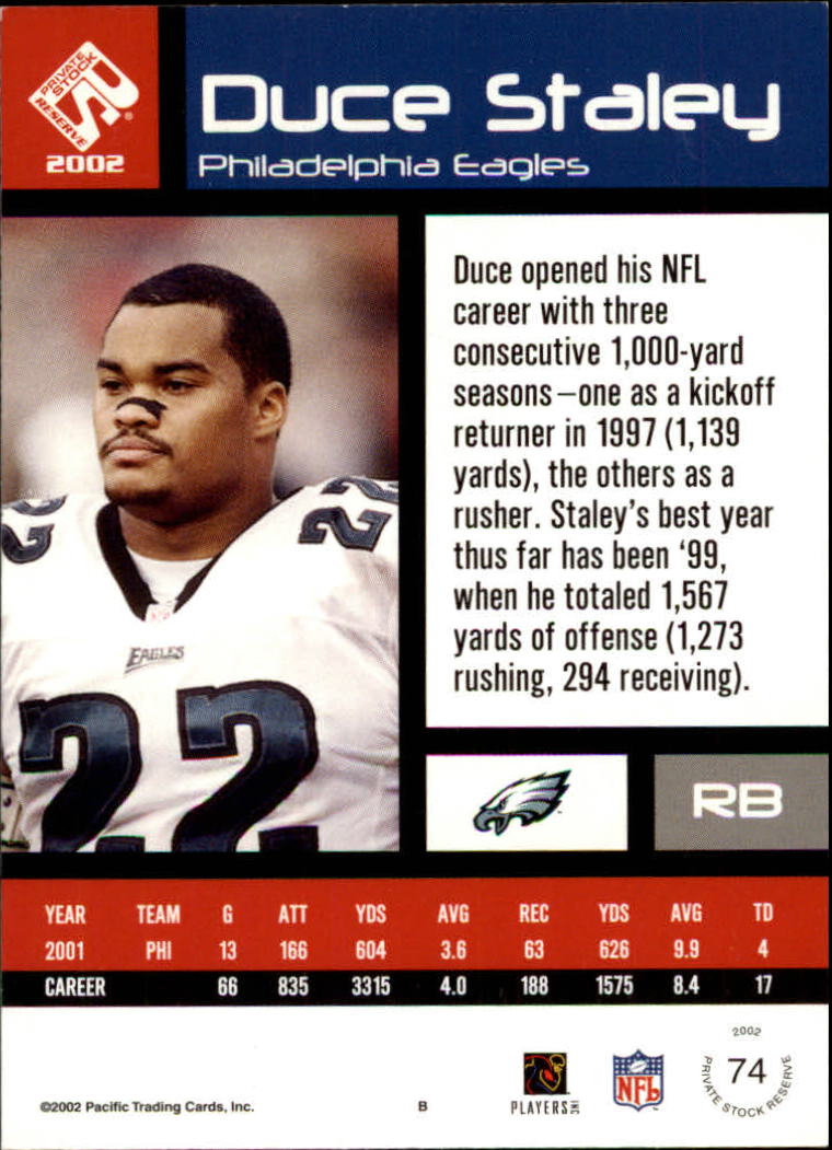 2002 Private Stock #74 Duce Staley back image