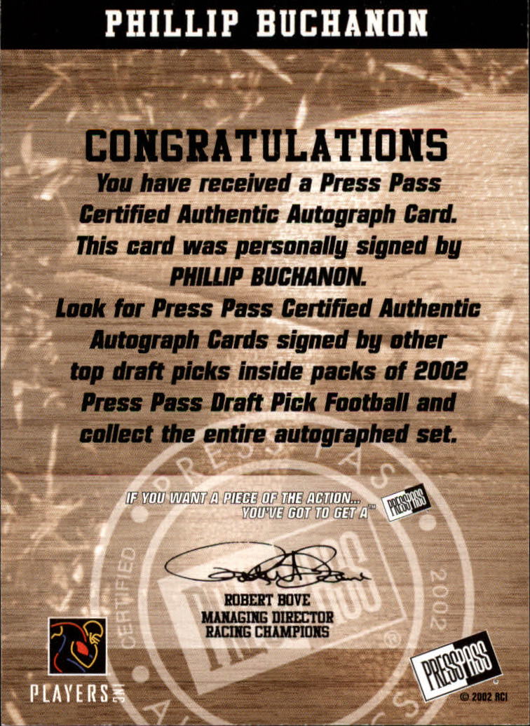 2002 Press Pass Autographs #3 Phillip Buchanon back image