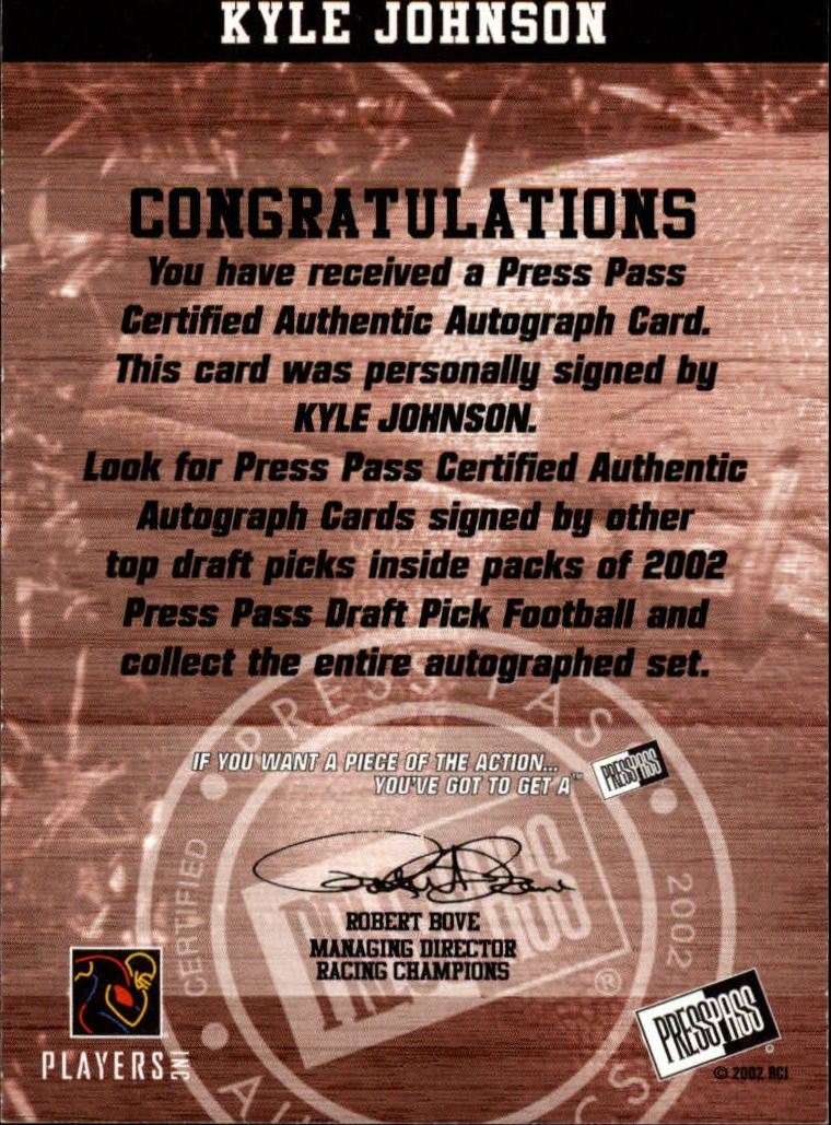 2002 Press Pass Autographs #22 Kyle Johnson back image