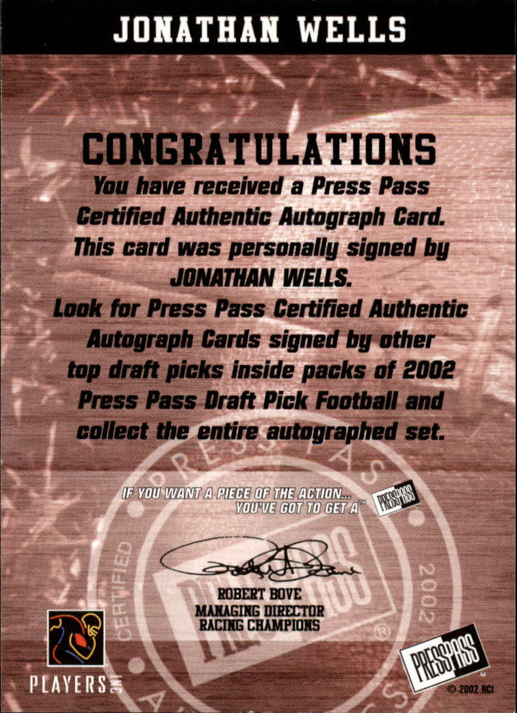 2002 Press Pass Autographs #43 Jonathan Wells back image