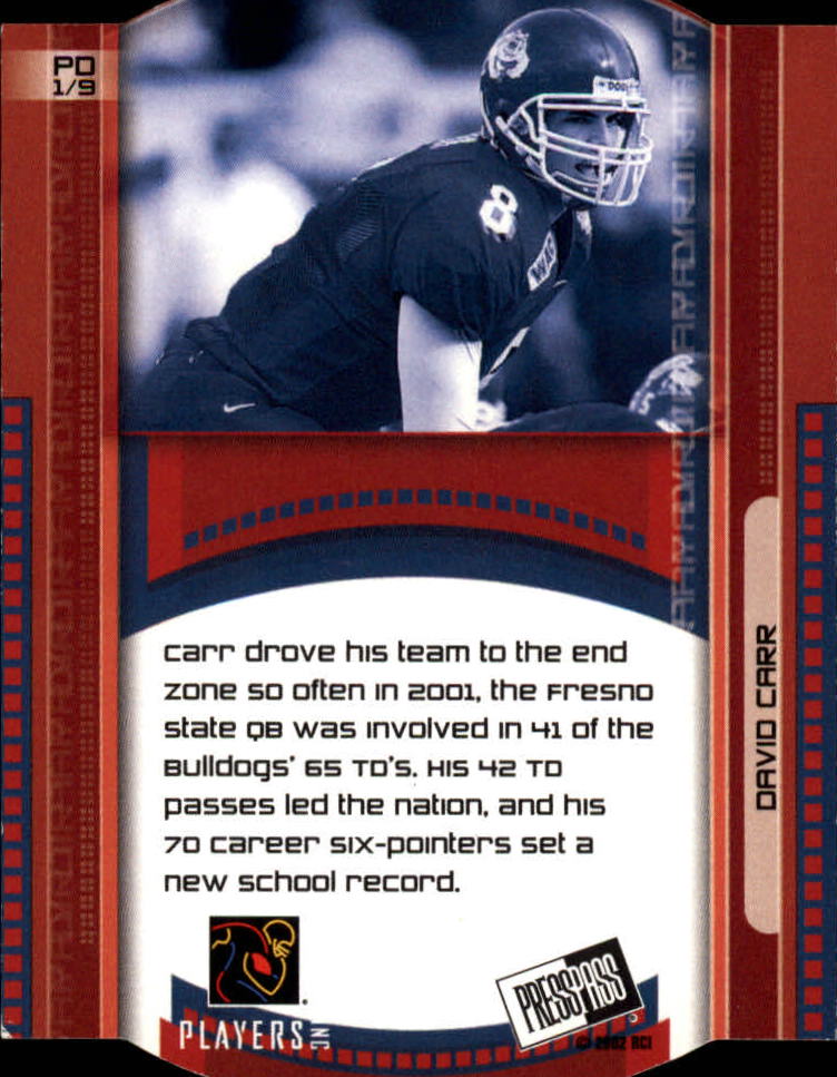 2002 Press Pass Paydirt Die Cuts #PD1 David Carr back image
