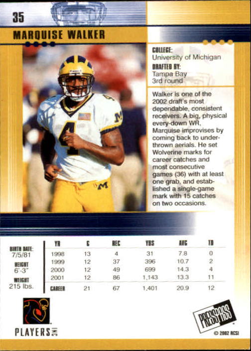 2002 Press Pass JE #35 Marquise Walker back image