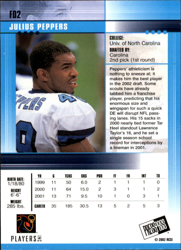 2002 Press Pass JE First Down #FD2 Julius Peppers back image