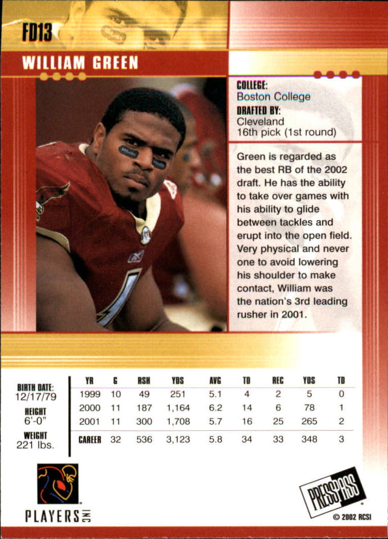 2002 Press Pass JE First Down #FD13 William Green back image