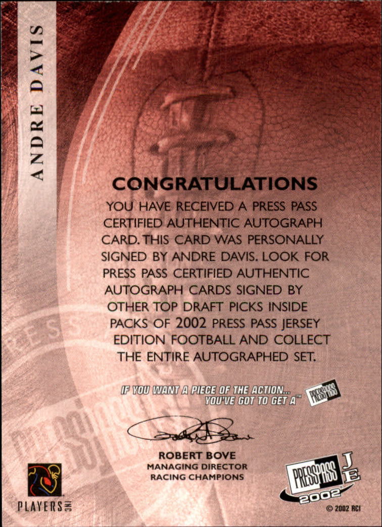 2002 Press Pass JE Autographs #11 Andre Davis back image