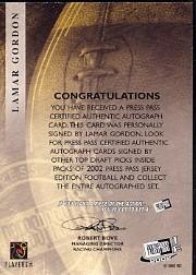 2002 Press Pass JE Autographs #15 Lamar Gordon back image