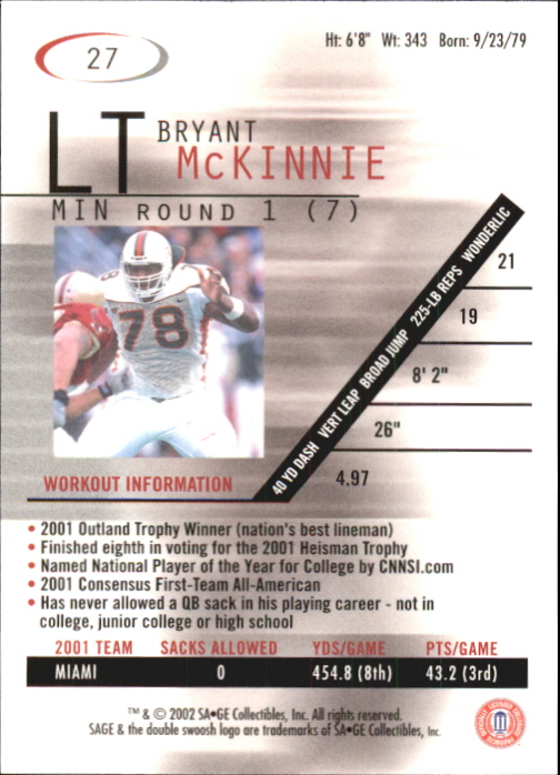 2002 SAGE #27 Bryant McKinnie back image