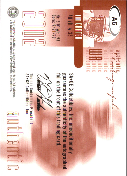 2002 SAGE Autographs Red #A6 Tim Carter/720 back image