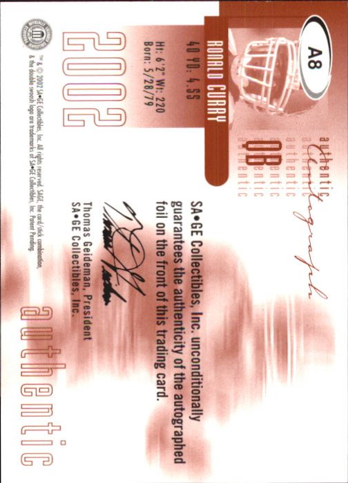 2002 SAGE Autographs Red #A8 Ronald Curry/800 back image