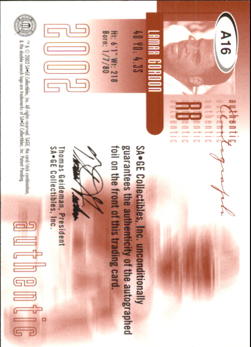 2002 SAGE Autographs Bronze #A16 Lamar Gordon/580 back image