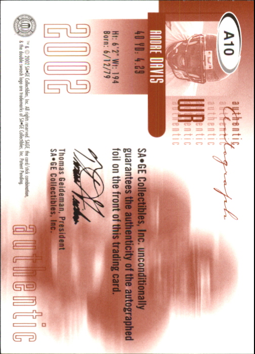 2002 SAGE Autographs Silver #A10 Andre Davis/350 back image