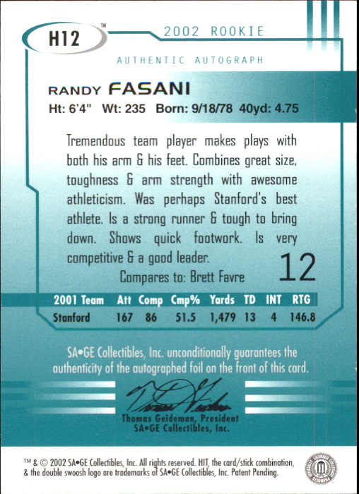 2002 SAGE HIT Autographs Emerald #H12 Randy Fasani back image
