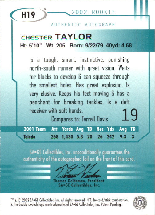 2002 SAGE HIT Autographs Emerald #H19 Chester Taylor back image