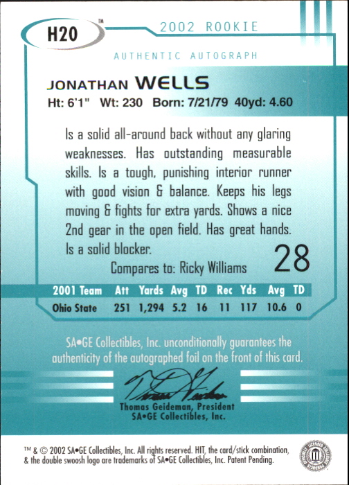 2002 SAGE HIT Autographs Emerald #H20 Jonathan Wells back image