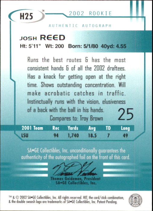 2002 SAGE HIT Autographs Gold #H25 Josh Reed back image