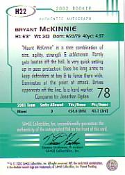 2002 SAGE HIT Autographs Rarefied Gold #H22 Bryant McKinnie back image
