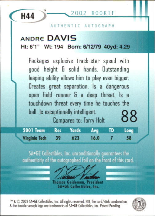 2002 SAGE HIT Autographs Rarefied Gold #H44 Andre Davis back image