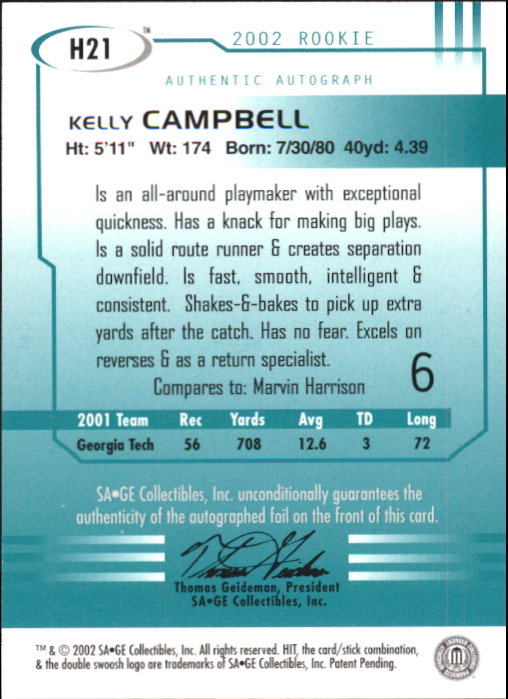 2002 SAGE HIT Autographs Silver #H21 Kelly Campbell back image
