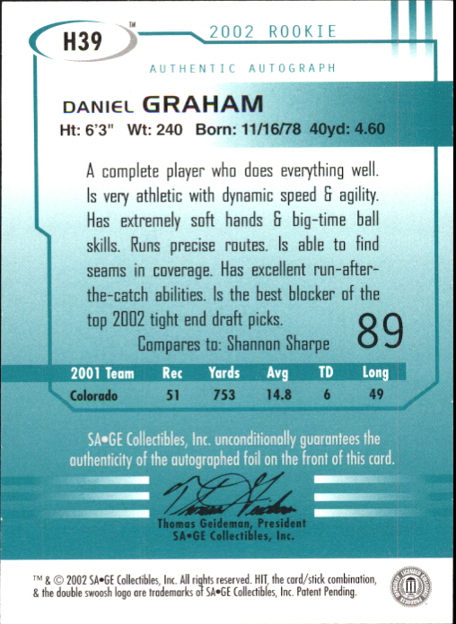2002 SAGE HIT Autographs Silver #H39 Daniel Graham back image
