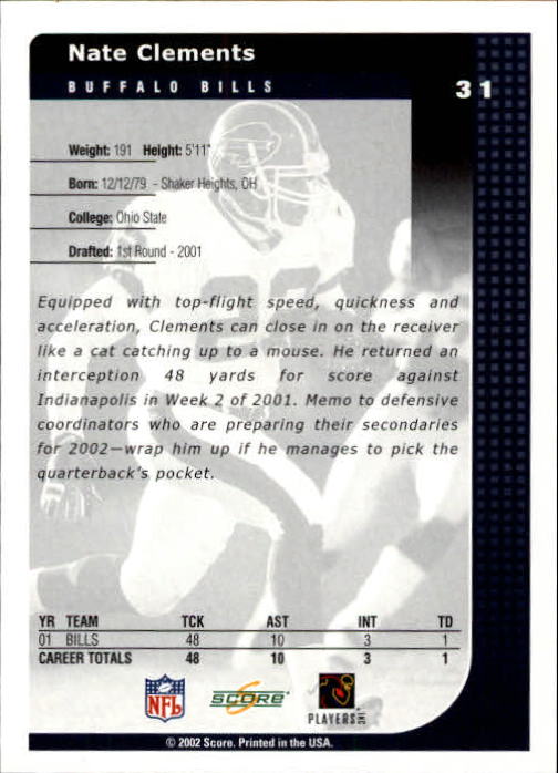 2002 Score #31 Nate Clements back image