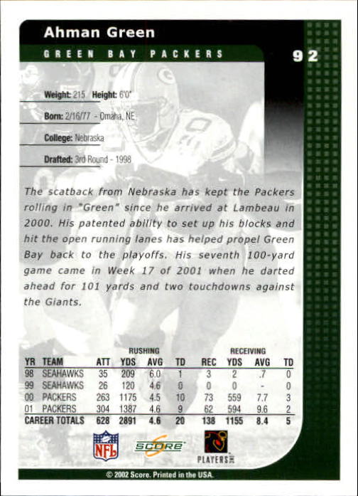 2002 Score #92 Ahman Green back image