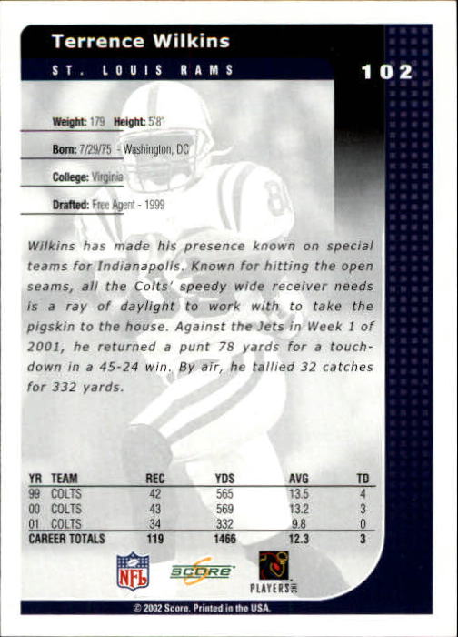 2002 Score #102 Terrence Wilkins back image