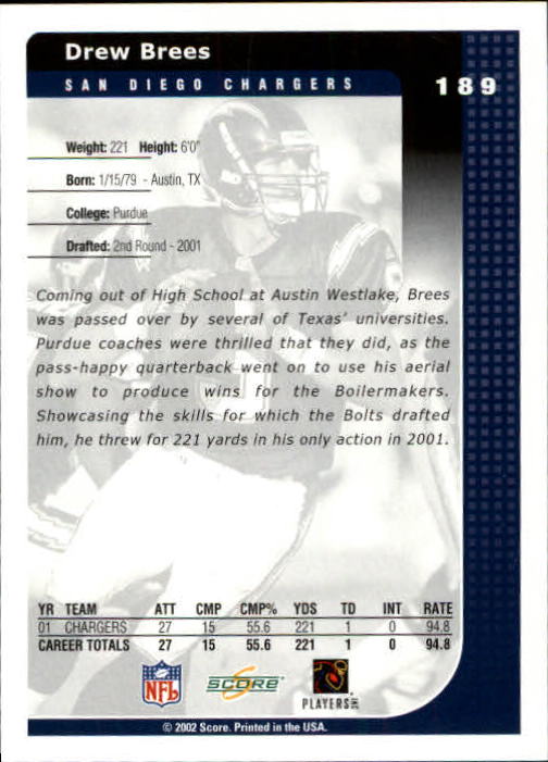 2002 Score #189 Drew Brees back image