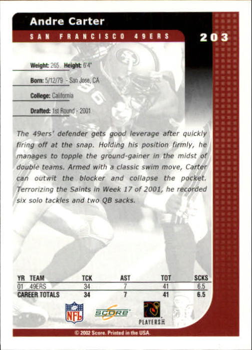 2002 Score #203 Andre Carter back image