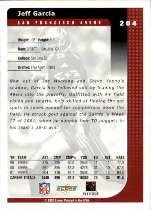 2002 Score #204 Jeff Garcia back image