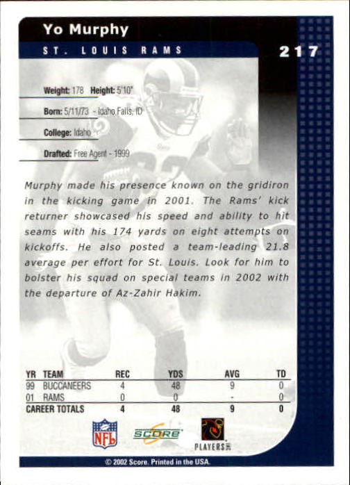 2002 Score #217 Yo Murphy back image