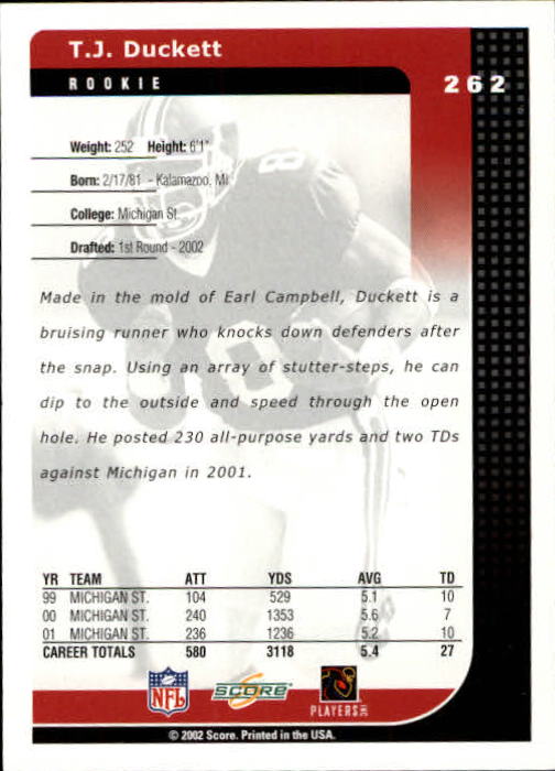 2002 Score #262 T.J. Duckett RC back image