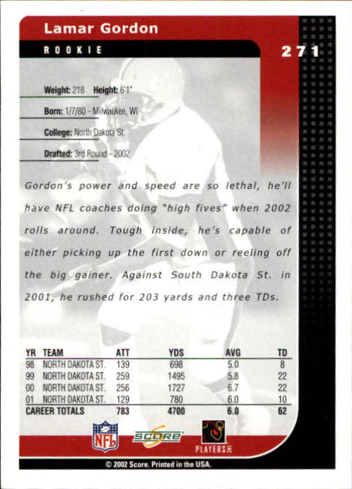 2002 Score #271 Lamar Gordon RC back image