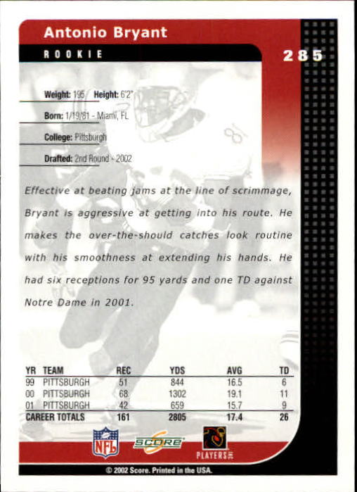 2002 Score #285 Antonio Bryant RC back image
