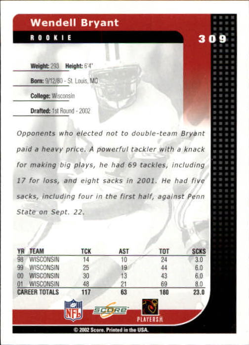 2002 Score #309 Wendell Bryant RC back image